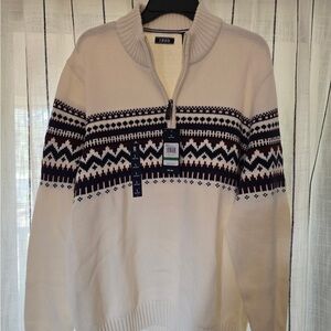Izod Men's Cream and Black Patterned Zip-Up Sweater